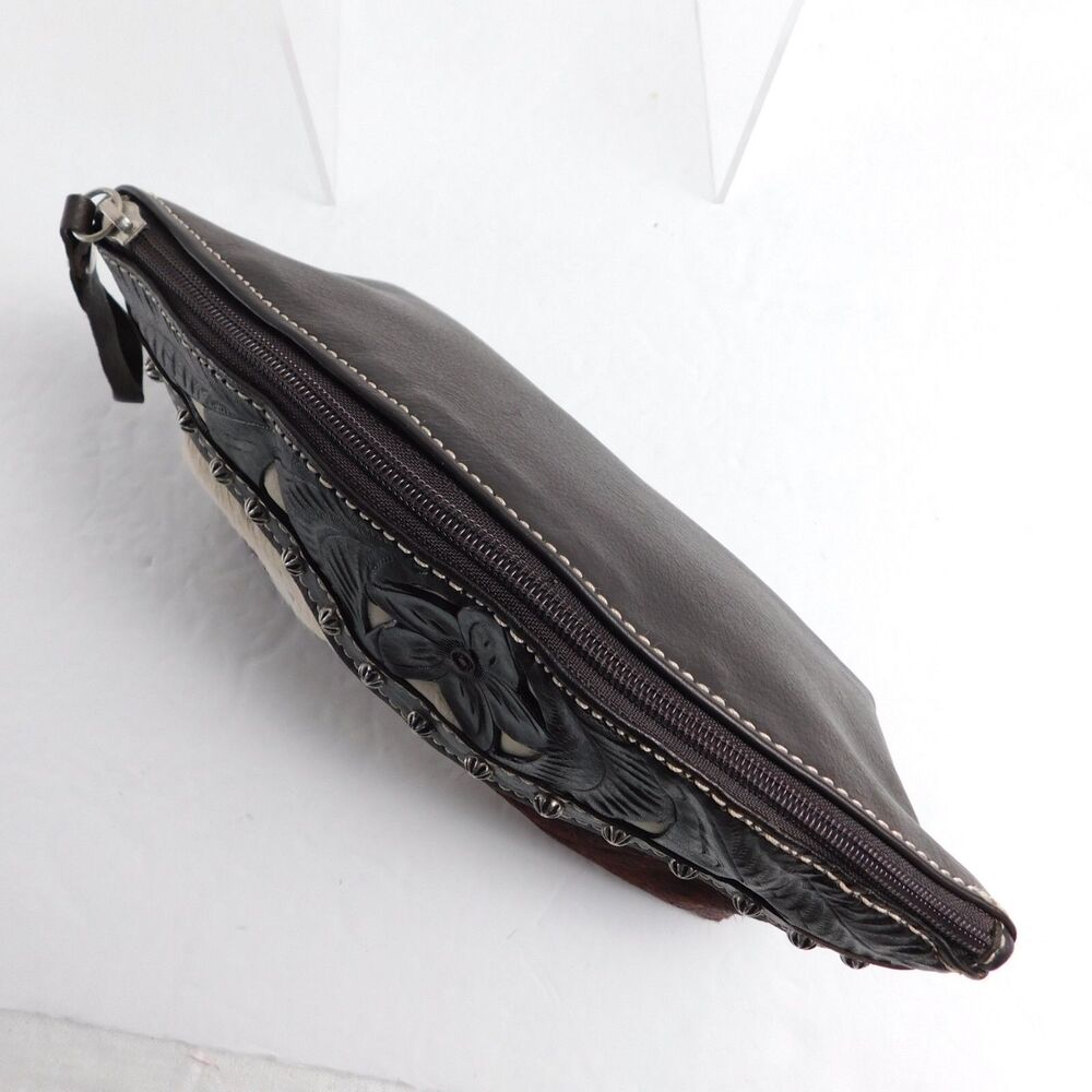 American West Hand Tooled Leather Cow Print Small Travel Cosmetic Zip Up Bag - Picture 5 of 14